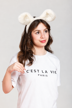 Fascia per capelli con orecchie in peluche bianco – Immagine 1