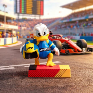 Paperino in tuta da pilota con casco