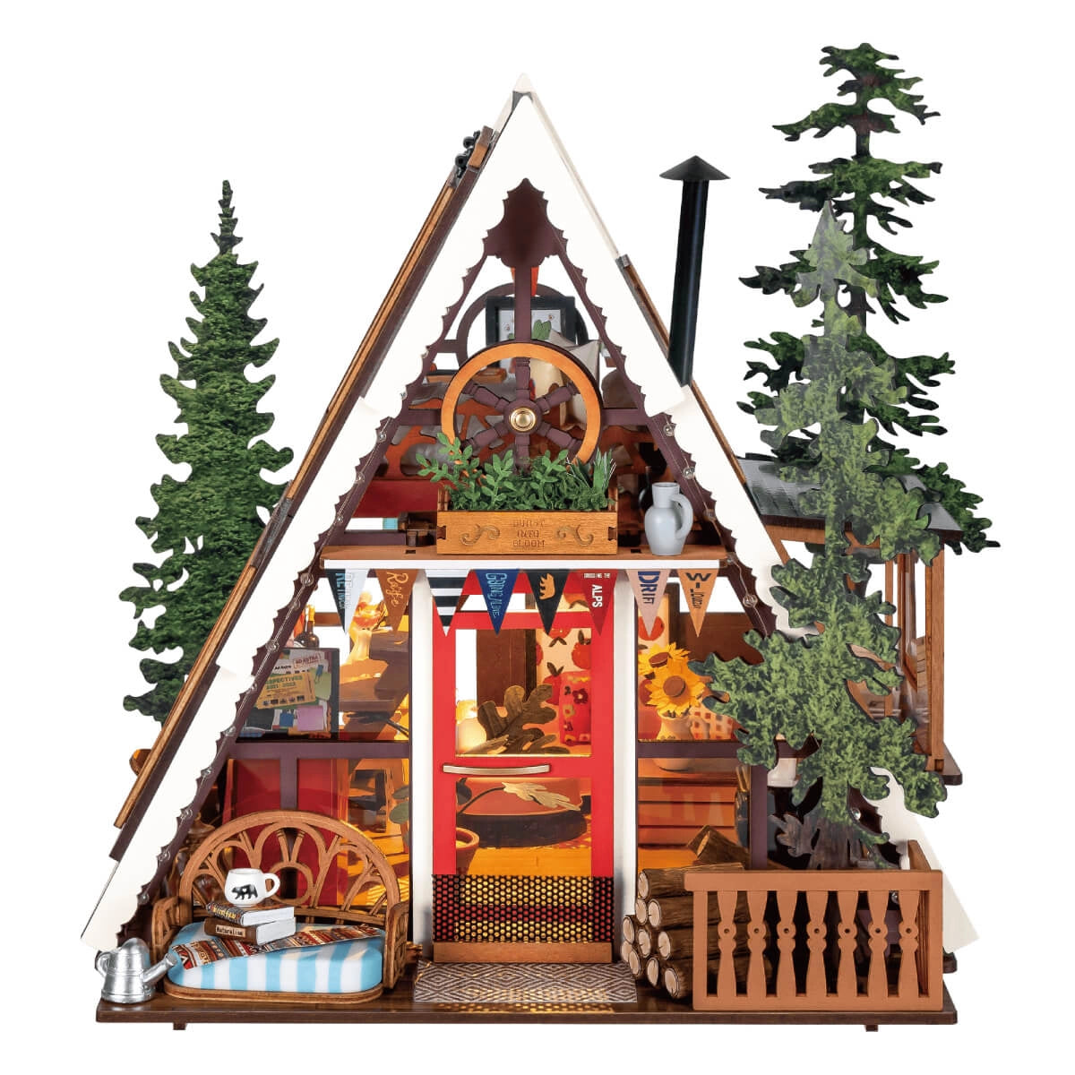 Chalet Kooty in miniatura con tetto triangolare, alberi e piccoli arredi