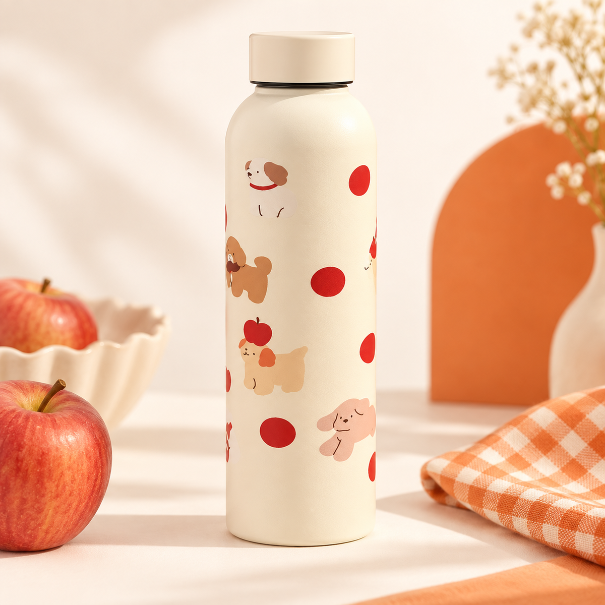 Borraccia color crema con cuccioli e mele – Immagine 1