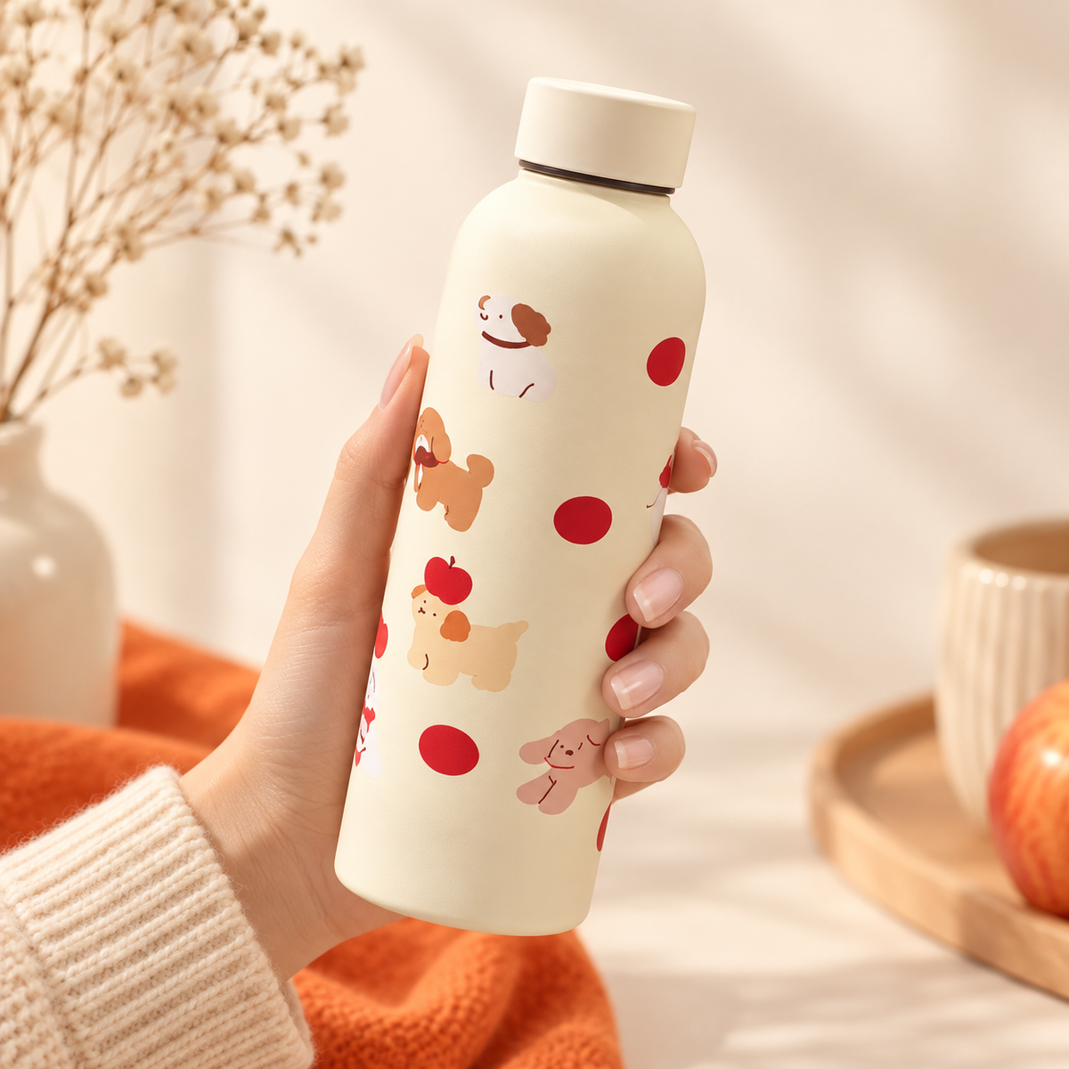 Borraccia color crema con cuccioli e mele – Immagine 2
