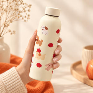 Borraccia color crema con cuccioli e mele – Immagine 2