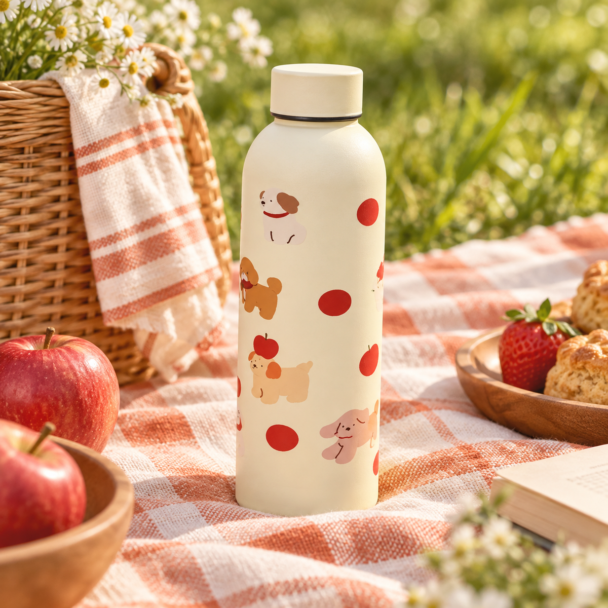 Borraccia color crema con cuccioli e mele – Immagine 5