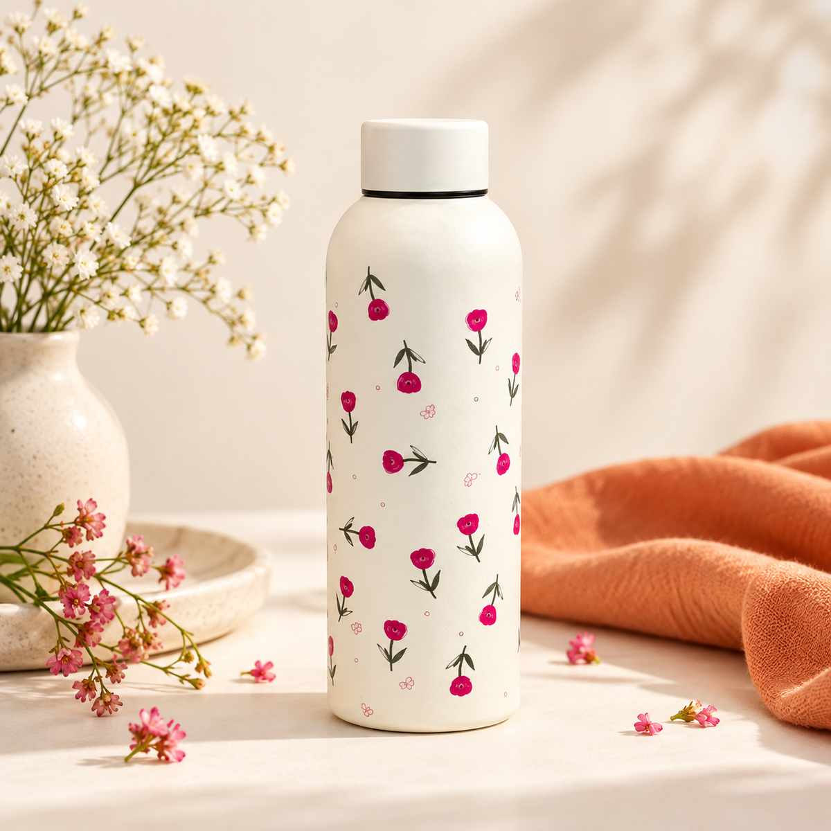 Borraccia color crema con fiorellini rosa – Immagine 1
