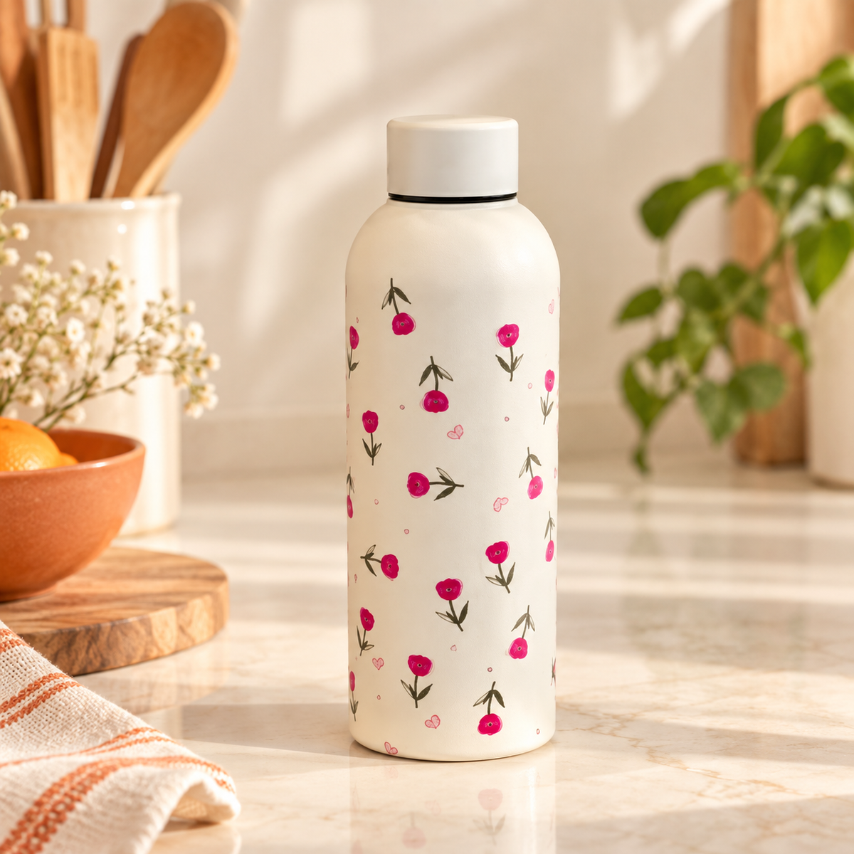 Borraccia color crema con fiorellini rosa – Immagine 6