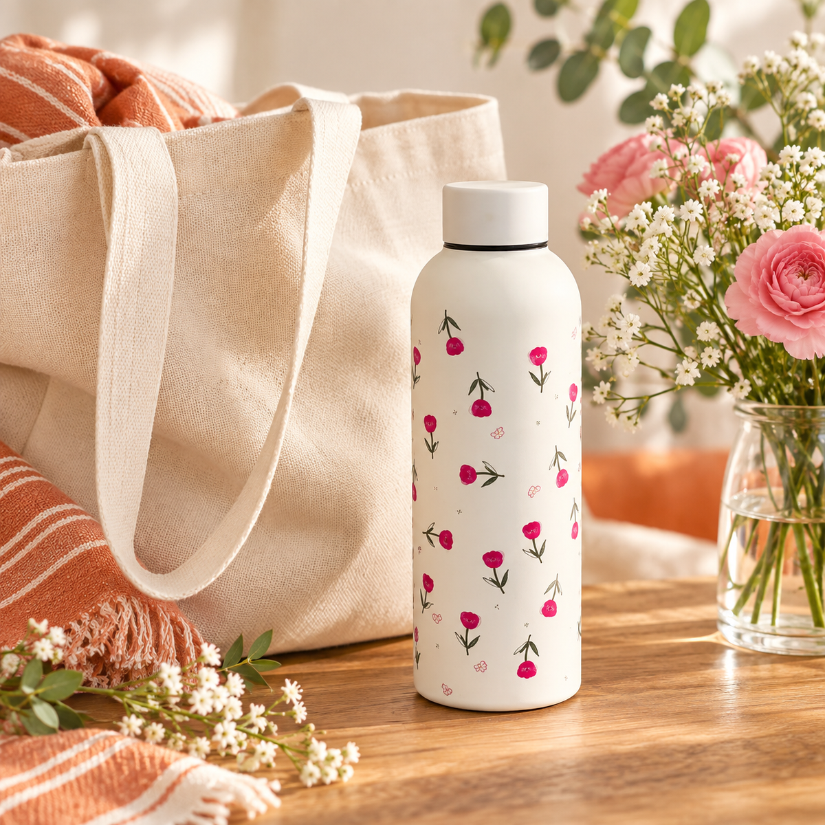 Borraccia color crema con fiorellini rosa – Immagine 8