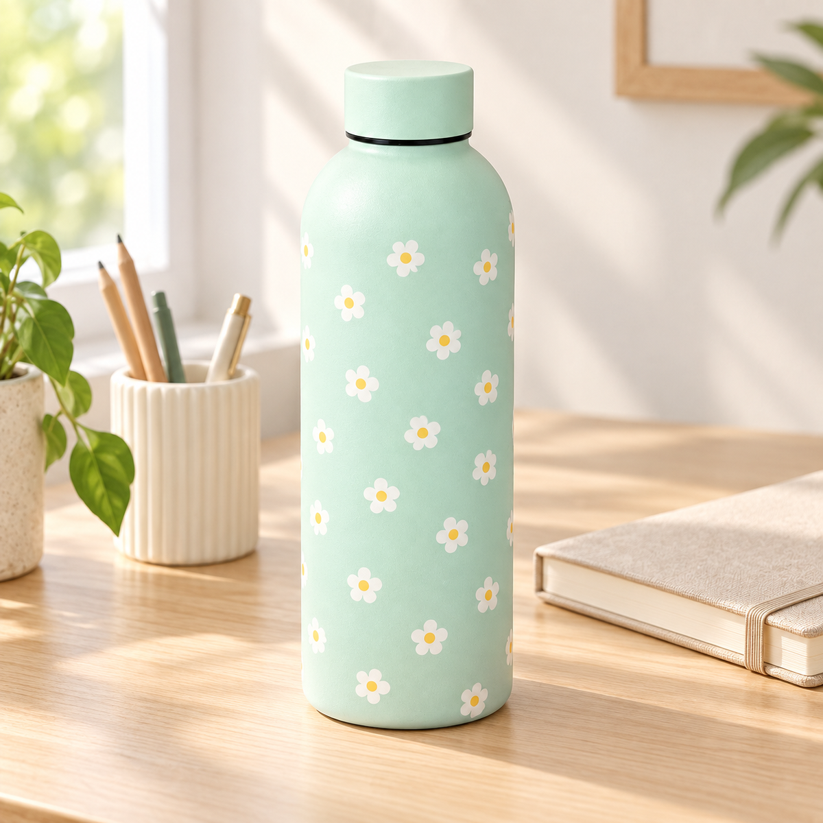 Borraccia verde chiaro con margherite – Immagine 2