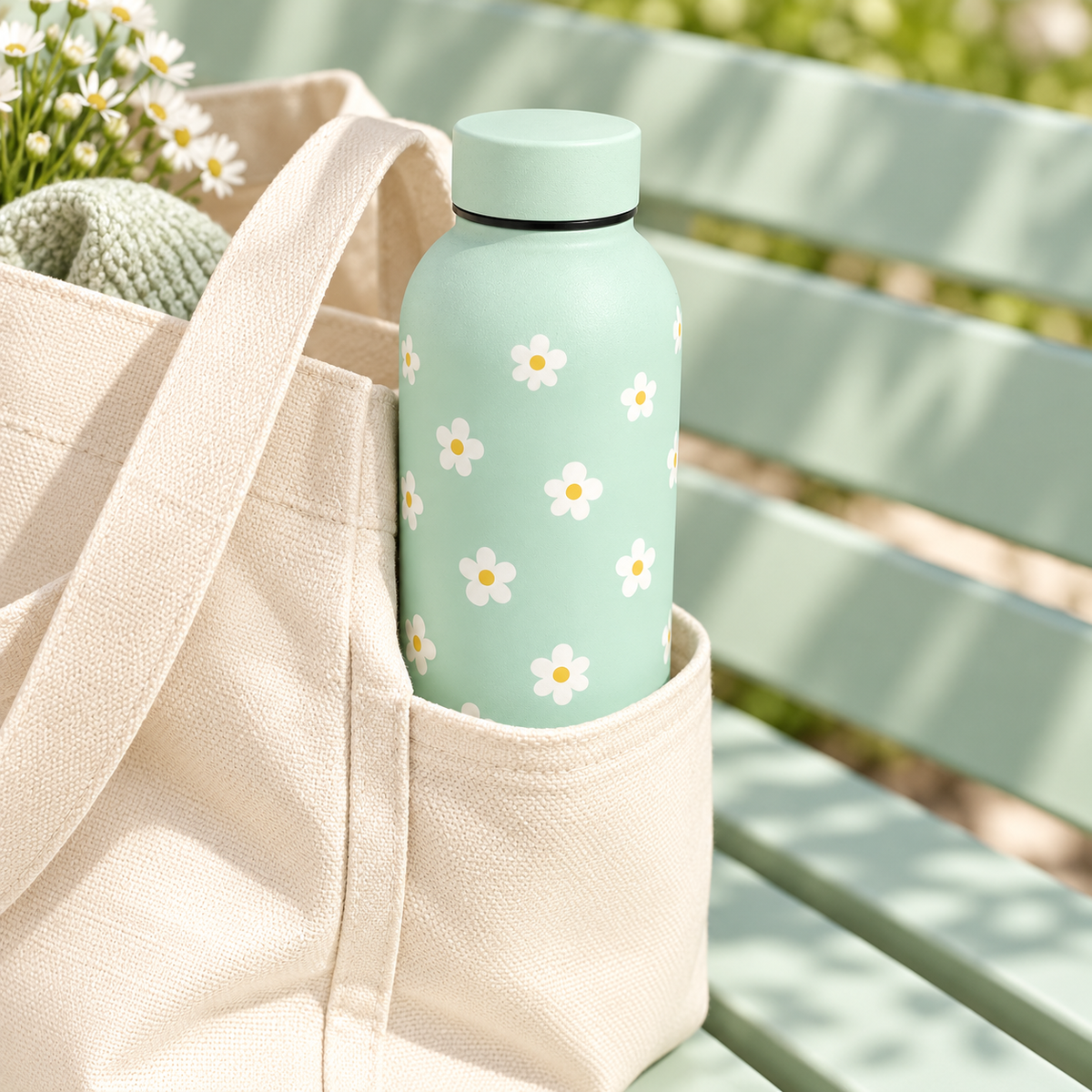 Borraccia verde chiaro con margherite – Immagine 3