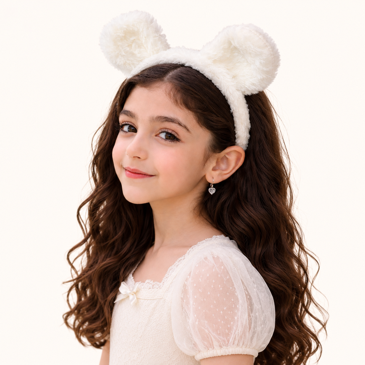 Fascia per capelli con orecchie in peluche bianco – Immagine 5