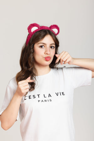 Fascia per capelli in peluche con orecchie da orso bordeaux – Immagine 1