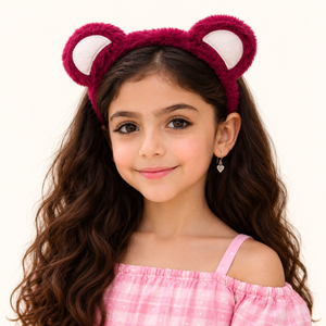 Fascia per capelli in peluche con orecchie da orso bordeaux – Immagine 3