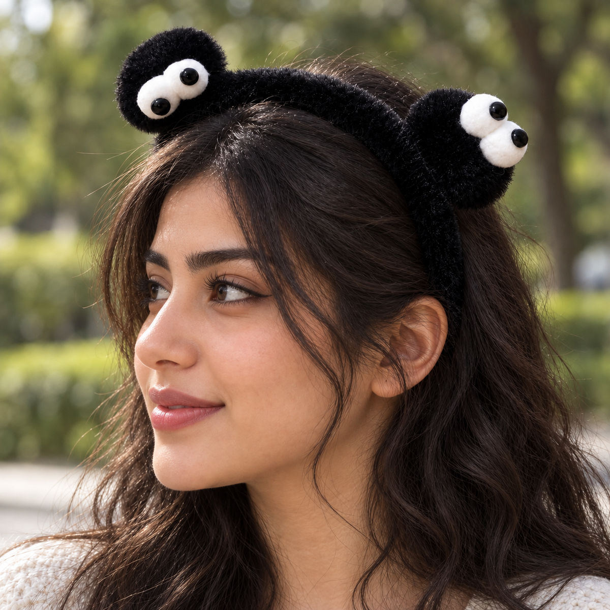 Fascia per capelli in peluche nero con occhi buffi – Immagine 6